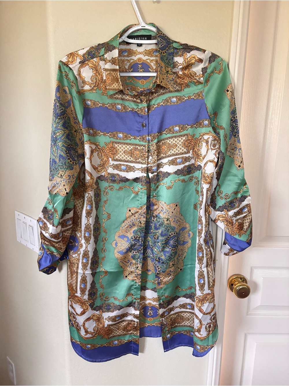 PrettyLittleThing Green, Blue & Gold Baroque Print Blouse and pants 2 pcs
